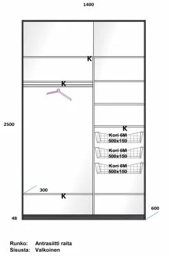 Lakeus Design Oy LAKEUS DESIGN Liukuovikaappi Mittatilauksena 140 X 60 X 250 Cm -Huonekalu kauppa 693024 Lakeus komero 13 sisusta