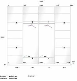 Lakeus Design Oy LAKEUS DESIGN Liukuovikaappi Mittatilauksena 240 X 60 X 250 Cm -Huonekalu kauppa Lakeus komero 18 sisusta